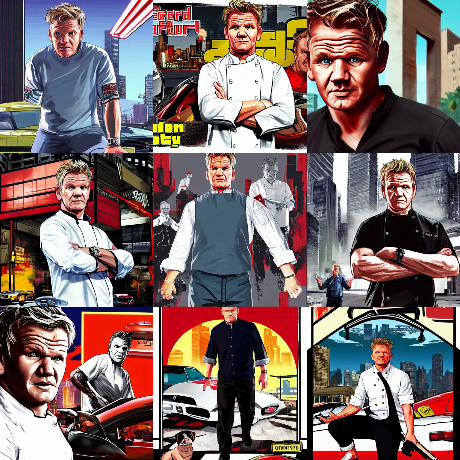 Prompt: gordon ramsay in gta v promotional art by stephen bliss, no text, very detailed, professional quality