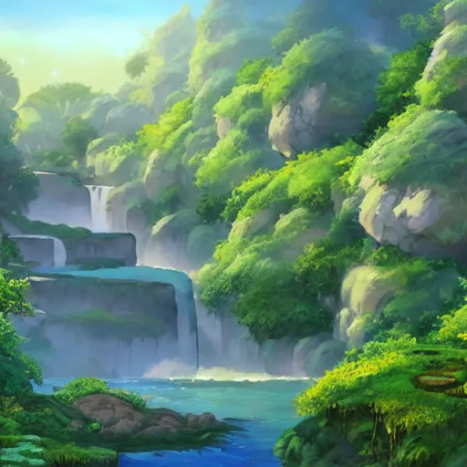 Prompt: a beautiful landascape in the style of Studio Ghibli, realistic painting, high definition, digital art, matte painting, very detailed