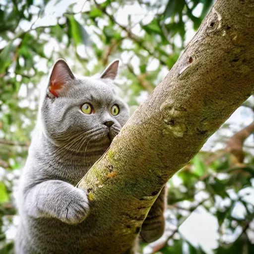 Prompt: photorealistic photo of a British Shorthair cat. climbing a tree. Chasing a squirrel. Long shot. Super realistic.