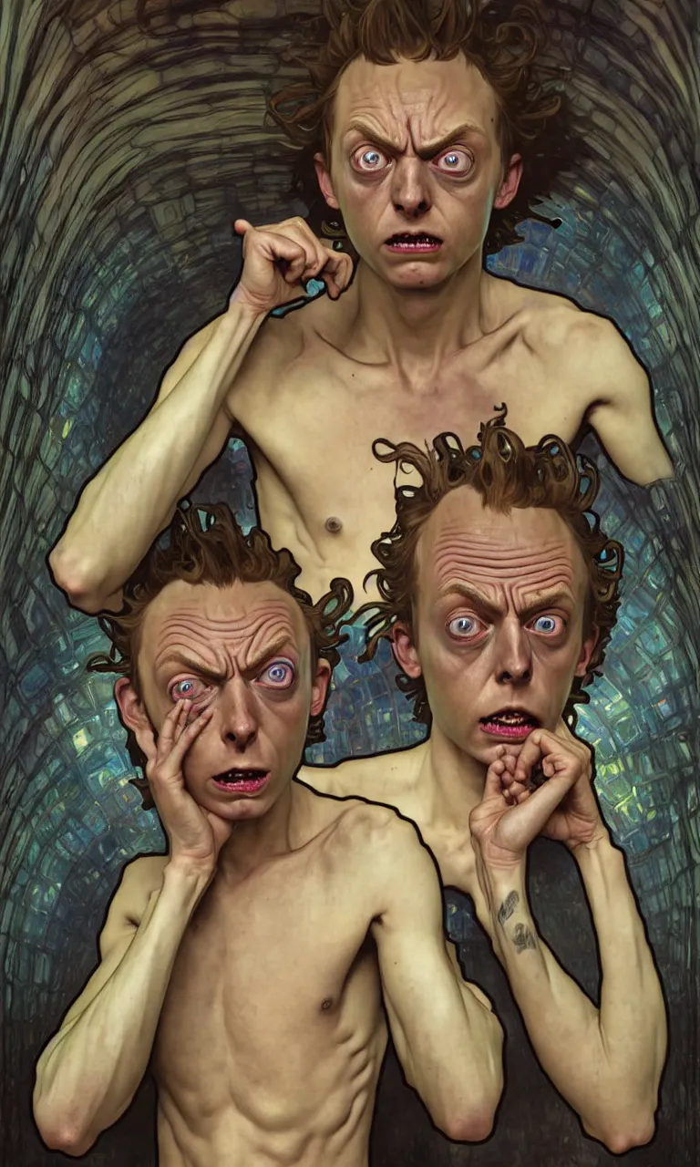 Prompt: hyper realistic grotesque portrait of an young dumb morty, from rick and morty, worried, interdimentional portal in the background, by lee bermejo, alphonse mucha and greg rutkowski