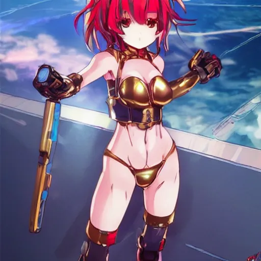 Image similar to digital anime art, wlop, rossdraws, sakimimichan, > > very small cute girl < < standing on a large table, red mech arms and red mech legs,