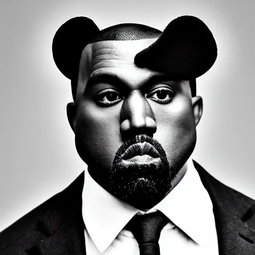 Image similar to Portrait studio photograph of Kanye West with a anthropomorphic teddy bear, close up, shallow depth of field, in the style of Felice Beato, Noir film still, 40mm