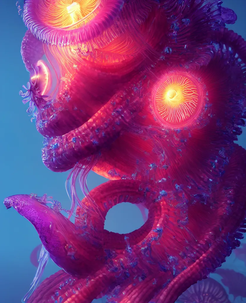 Image similar to goddess close-up portrait. orchid jellyfish phoenix head, nautilus, skull, betta fish, bioluminiscent creatures, intricate artwork by Tooth Wu and wlop and beeple. octane render, trending on artstation, greg rutkowski very coherent symmetrical artwork. cinematic, hyper realism, high detail, octane render, 8k