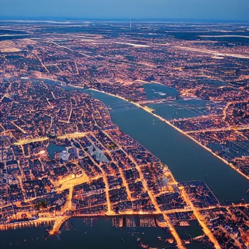 Prompt: photo of bordeaux seen from the sky at dawn with many tornadoes flying over the city and lightning in the sky