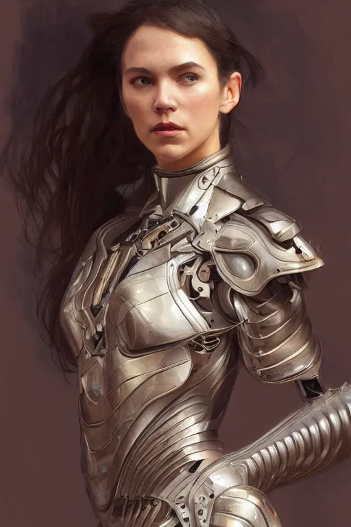 Prompt: > professional portrait of female biomechanic famous actress in pose , armor elements , long dark hair, beautiful bone structure, symmetrical facial features, intricate, elegant, digital painting, concept art, smooth, sharp focus, illustration, by Ruan Jia and Mandy Jurgens , and mucha, and Artgerm and William-Adolphe Bouguerea
