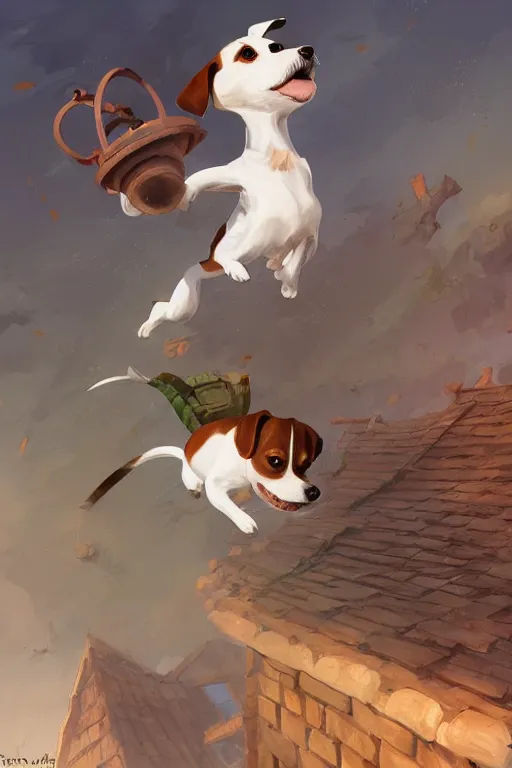 Prompt: adorable jack russel terrier jumping over a small house, extreme wide angle, fantasy art, artstation character design contest winner, trending on cgsociety, concept art, speedpaint, beautiful digital art, jesper ejsing, james jean, justin gerard, fenghua zhong, makoto shinkai, highly detailed