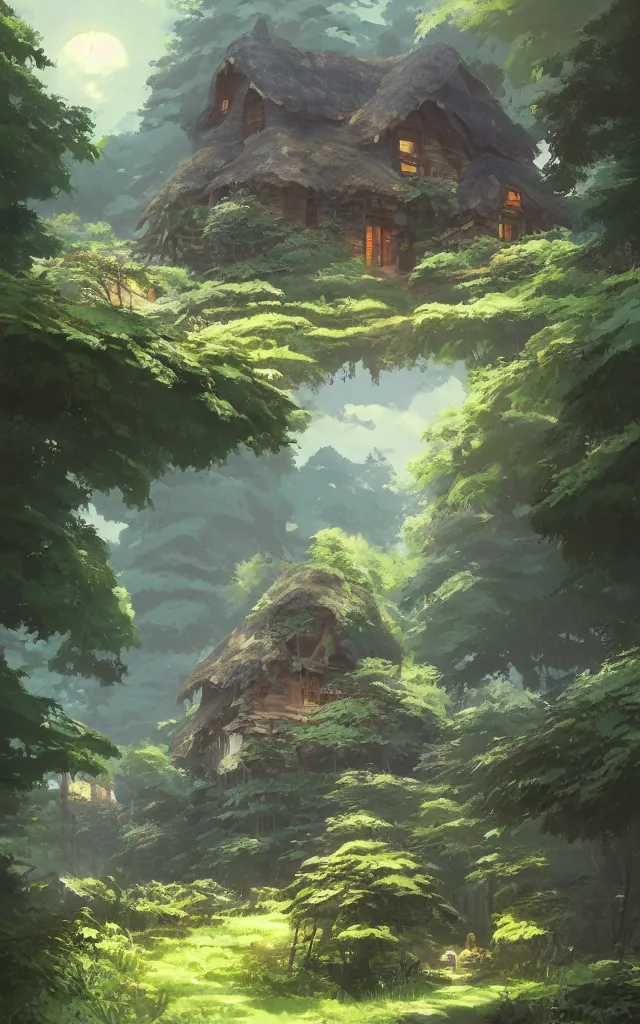 Image similar to Stunning cottage, solar, lush, forest, beautiful, by Studio Ghibli and Greg Rutkowski, artstation