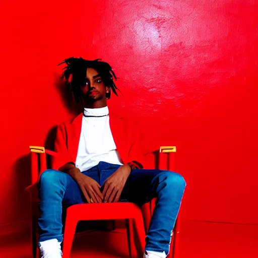 Prompt: playboi carti sitting in a chair in a completely red room