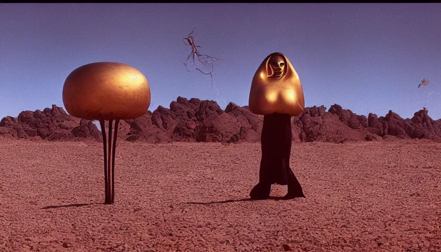 Image similar to glowing bene gesserit in full - face golden glowing mask meet salvador dali in a black rocky desert landscape with alienabandoned city beneath the sand and giant alien spaceship in the sky attacks the earth by christopher doyle and alejandro jodorowsky, anamorphic lens, kodakchrome, cinematic composition, very detailed photo, 8 k,