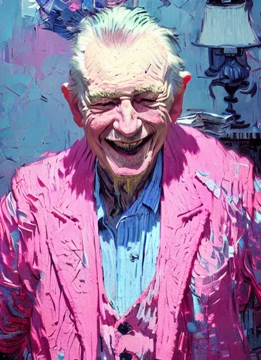 Image similar to portrait of a beautiful old man, smiling, ecstatic, dancing, eyes closed, open mouth, shades of pink and blue, beautiful face, rule of thirds, intricate outfit, spotlight, by greg rutkowski, by jeremy mann, by francoise nielly, by van gogh, digital painting