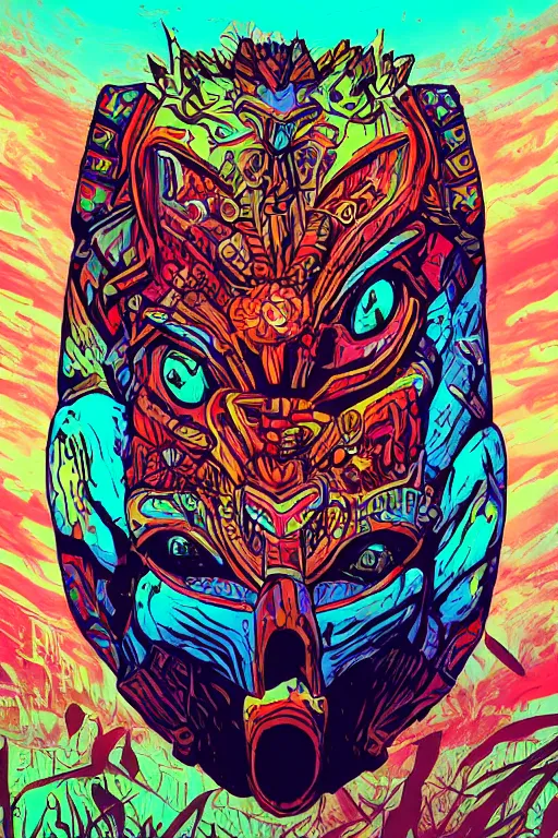 Image similar to totem animal tribal chaman vodoo mask feather gemstone plant wood rock video game illustration vivid color borderlands by josan gonzales and dan mumford radiating a glowing aura