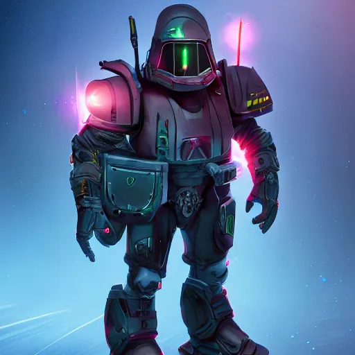 Prompt: starfinder armored vesk soldier, combat zone backdrop, high resolution, digital render, trending on artstation, 4k, neon lighting