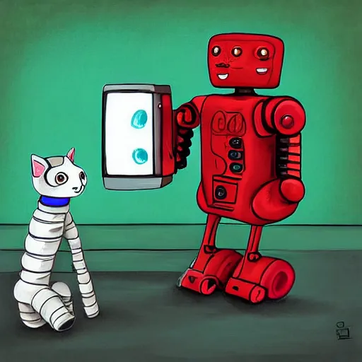 Prompt: robots having a discussion in front of a cat, digital painting