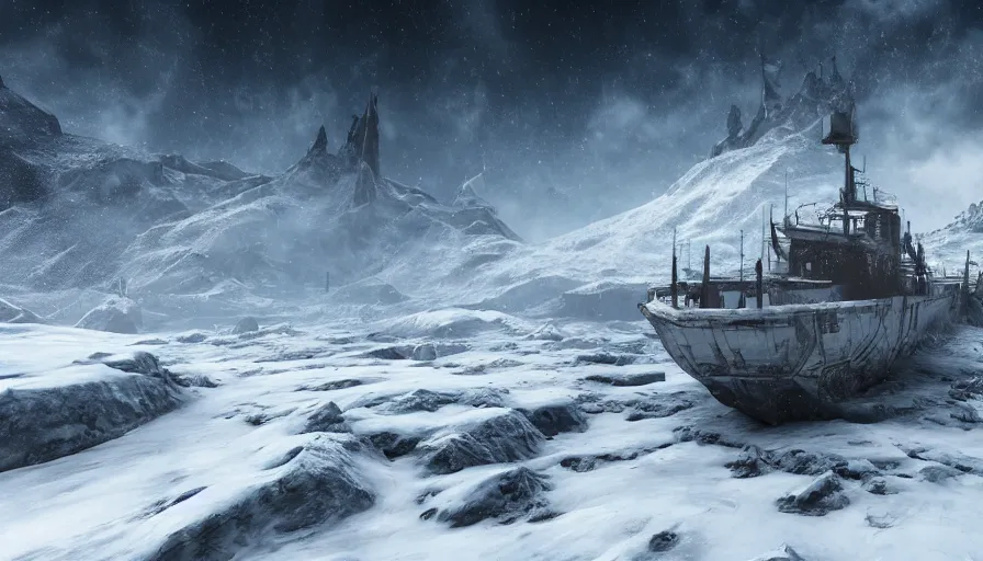 Image similar to abandoned ship in snowy mountains in a frozen planet, hyperdetailed, artstation, cgsociety, 8 k
