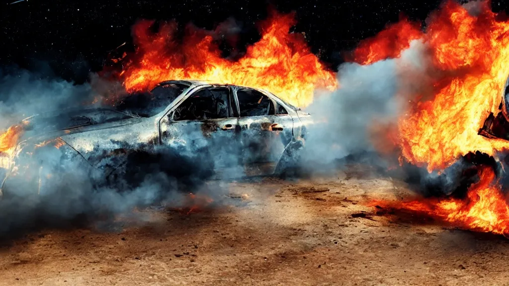 Image similar to movie still of a burning car in outer space