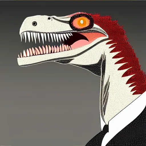 Image similar to velociraptor wearing a suit, photorealistic