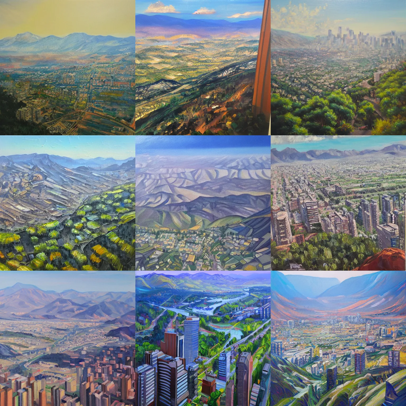 Prompt: A view from the top of a highrise to the valley floor of a large city, oil painting by Polly Huang