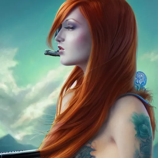 Image similar to a full body portrait of a beautiful tattooed redhead woman sitting, carrying a gun, a planet in the background. futurist, blue dress, light iridescent hair color, long windy hair style, fantasy, realistic, intricate, sharp focus, lens flare, bloom, rim light, illustration, highly detailed, digital painting, concept art, matte, art by ruan jia