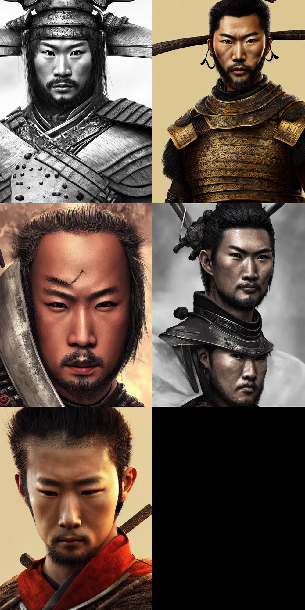 Prompt: portrait art of samurai warrior, handsome, young, muscular, 8 k ultra realistic, detailed, intricate, full of colour, cinematic lighting, trending on artstation, 4 k, hyperrealistic, focused, extreme details, unreal engine 5, cinematic, masterpiece