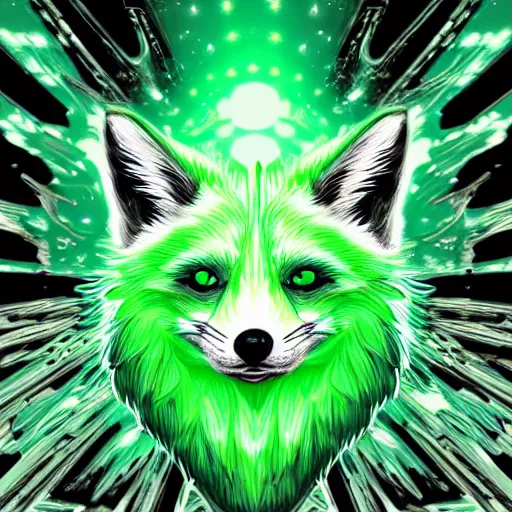 Prompt: digital green and white and green and green fox, retrowave palette, digital world, highly detailed, electric breeze, anatomically correct vulpine, synth feel, fluffy face, ear floof, flowing fur, super realism, accurate animal imagery, 4 k digital art