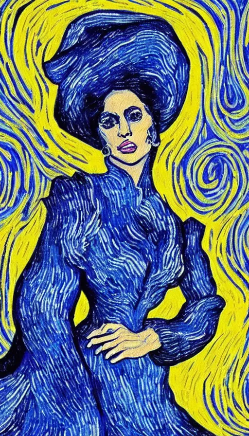 Prompt: A painting of Lady gaga in the style of Vincent van Gogh, starry night, blue yellow. perfectly-centered-painting of Lady Gaga, film still, dynamic action pose, insane detail, intricate, highly detailed, Zeiss Lens, DSLR photography, smooth, sharp focus, 8K