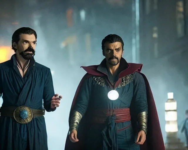 Prompt: still of dr. strange and oscar isaac as moon knight, in avengers movie