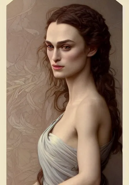 Image similar to sansa keira knightley, intricate, elegant, highly detailed, digital painting, artstation, concept art, smooth, sharp focus, illustration, art by artgerm and greg rutkowski and alphonse mucha and william - adolphe bouguereau