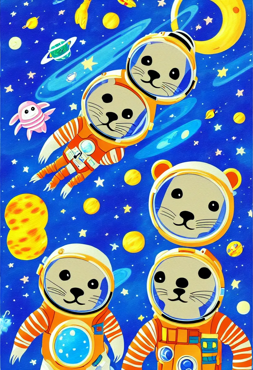 Image similar to childrens storybook cover, gauche painting, a single cute otter astronaut in a space suit floating in outer space. otter space