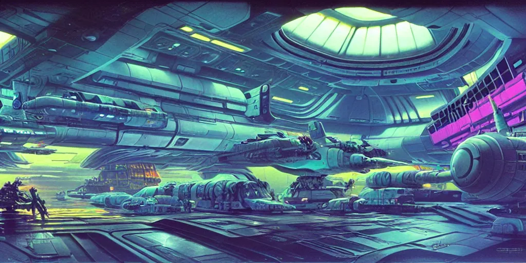 Prompt: highly detailed matte painting science fiction cargo bay interior, spaceships, futuristic, fighter ships, hangar, industrial, workers, robots, mechs. environment art by syd mead and john berkley, john harris. concept art, vibrantly lush neon lighting, beautiful volumetric - lighting - style atmosphere