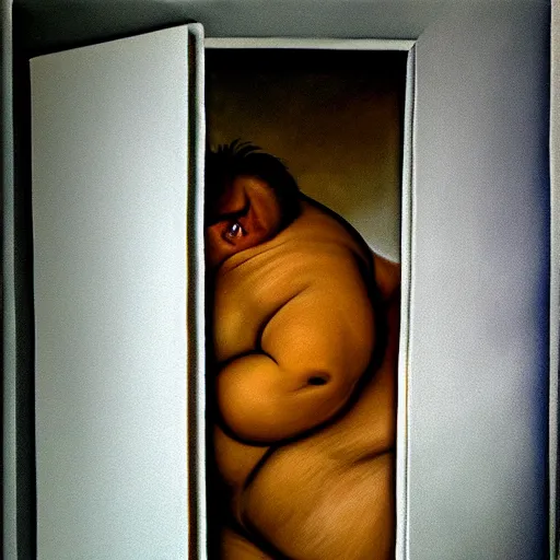 Prompt: fat guy squeezing through door, detailed, realistic, hyper-realism,