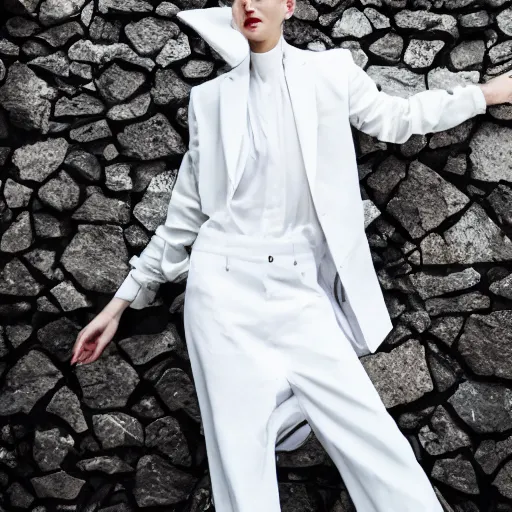 Image similar to detailed photo, kitsch fashion, androgynous people in white clothes, new age, vogue, 4 k, 8 k, fashion photo, fashion magazine