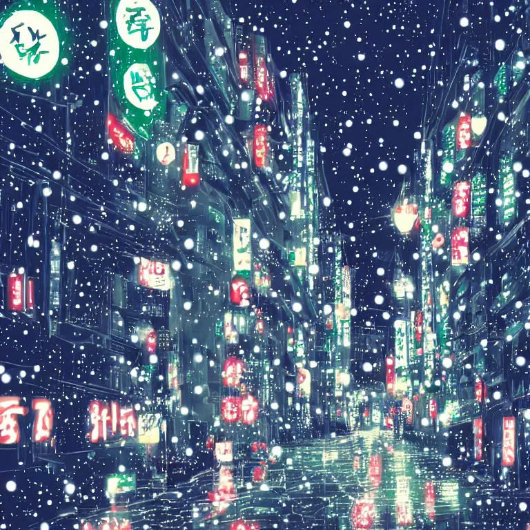 Image similar to anime - styled illustration of tokyo with many lights and lens flares, snowy winter christmas night