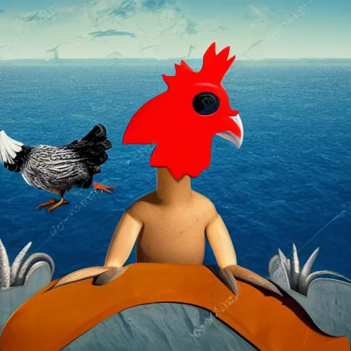 Image similar to humanoid chicken with a headache, on a flight over the sea, realistic scene, very detailed