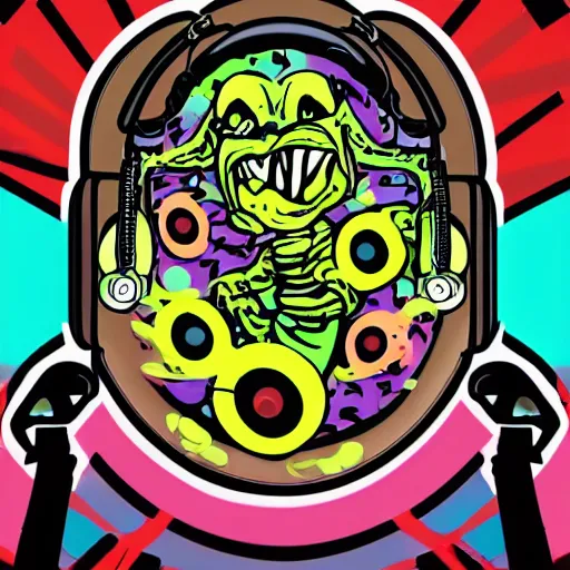 Image similar to svg sticker of a Pop-Wonder Alien-Bog-Monster-Swamp-Rat-Thunder-Coot-Racing-Fan at a rave, spinning records, giant headphones rocking out, wearing headphones, huge speakers, dancing, rave, DJ, spinning records, digital art, amazing composition, rule-of-thirds, award-winning, trending on artstation, featured on deviantart