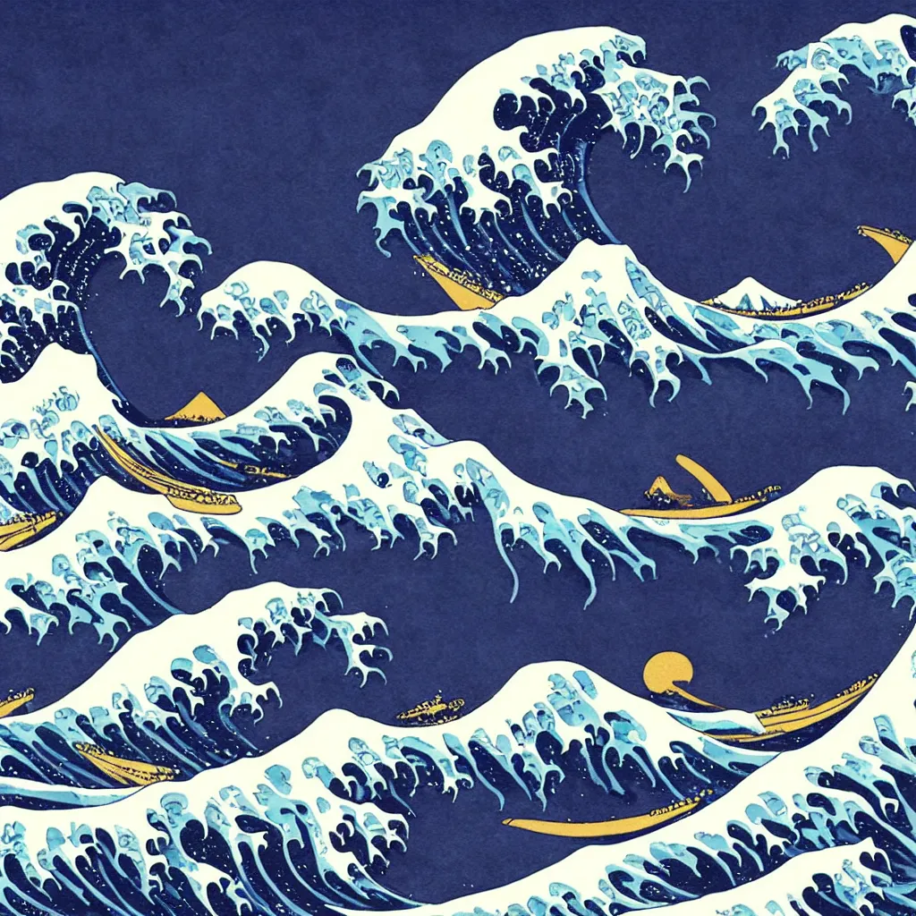 Prompt: The Great Wave off Kanagawa, beautiful matte painting by Makoto Shinkai,