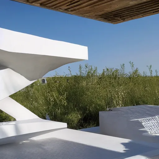 Image similar to habitat 6 7, white lego architect building in the dessert, many plants and infinite pool