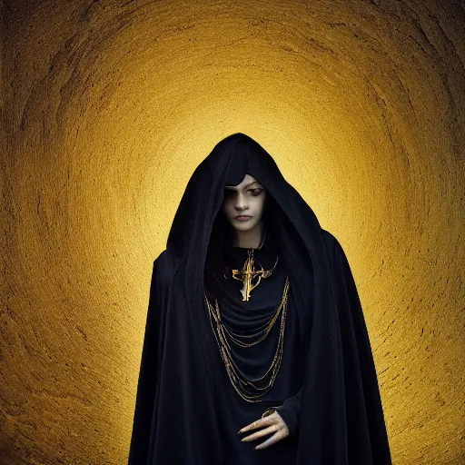Prompt: a portrait of a young woman wearing a long dark cloak, hood and shadows covering face, holding golden chains, oil painting, matte painting, black background, Volumetric Golden dappled dynamic lighting, Highly Detailed, Cinematic Lighting, Unreal Engine, 8k, HD, by Beksinski
