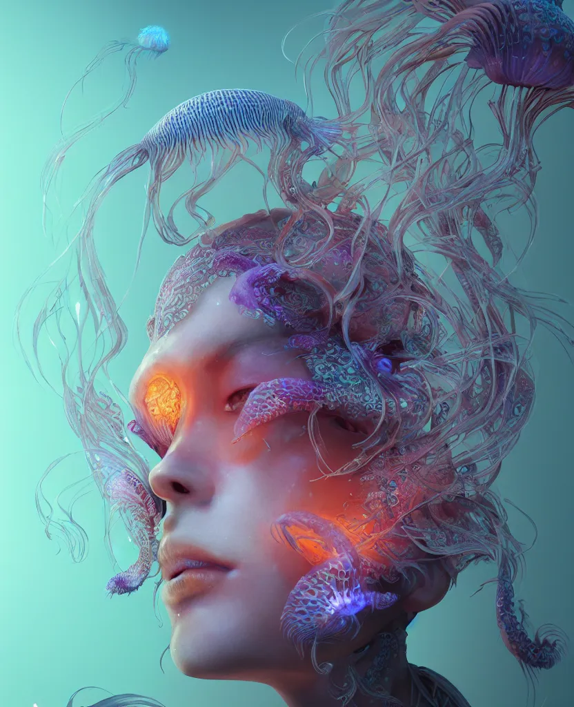 Image similar to goddess close-up face portrait. chimera orchid jellyfish phoenix head, nautilus, skull, betta fish, bioluminiscent creatures, intricate artwork by Tooth Wu and wlop and beeple. octane render, trending on artstation, greg rutkowski very coherent symmetrical artwork. cinematic, hyper realism, high detail, octane render, 8k