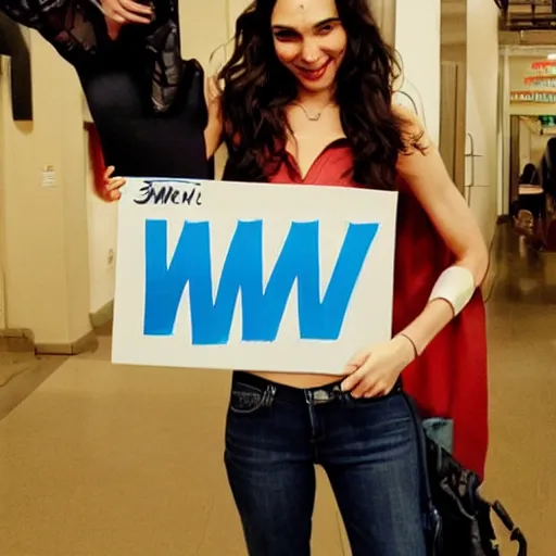 Image similar to Gal Gadot holding a sign that says M I T C H I E P O O !!!! as painted by Ralph Horsley