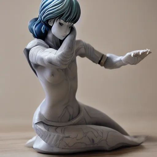 Image similar to intricate marble statue of rei ayanami kneeling relaxed, highly detailed