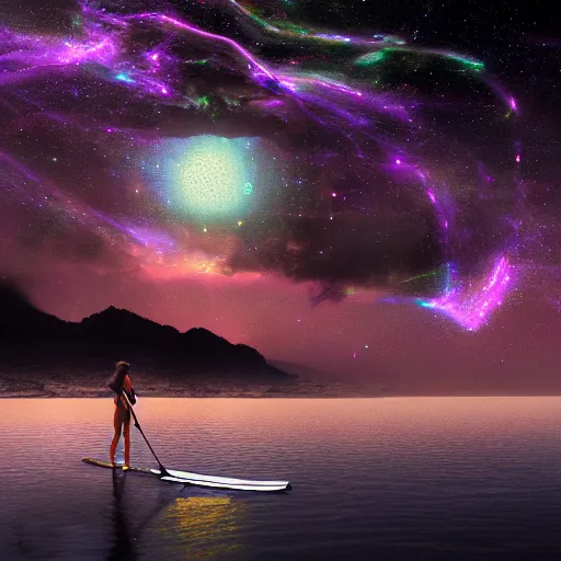 Image similar to bikini girl bioluminescent paddleboarding dark night by highway man painting, stars, galaxies, james webb telescopeimages, photorealistic, high resolution, vray, hdr, hyper detailed, insane details, intricate, elite, ornate, elegant, luxury, dramatic lighting, octane render, weta digital, micro details, 3 d sculpture