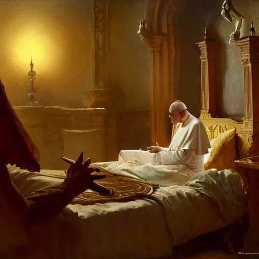 Image similar to the pope is in his bed, terrified, because a double horned shadow demon is in the wallpaper of the bedroom. highly detailed painting by gaston bussiere, greg rutkowski, craig mullins 8 k