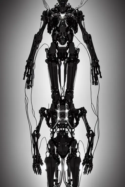 Image similar to skeletal black mecha (carbon fiber) cyberpunk 2077 long limbs black panels reflective. Skeletal face android face one eye ((glowing_red_eye)) exposed wiring cable wire harness RTX On UE5 Artstation Bladerunner 2049 scene