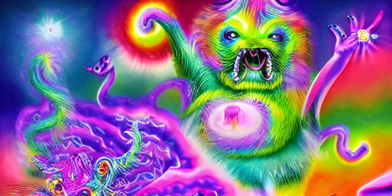 Prompt: hyperrealistic lisa frank nightmare creatures emerging from the fog