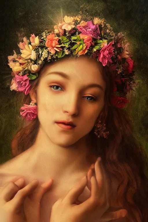 Prompt: the Divine Feminine, Beautiful, Flower Crown of the Gods, Woman, All Races, All Cultures, Female, Birth of creation, Mother Earth, Divinity, Hope, Ethereal, Renaissance Painting, Atmospheric Lighting, artstation trending