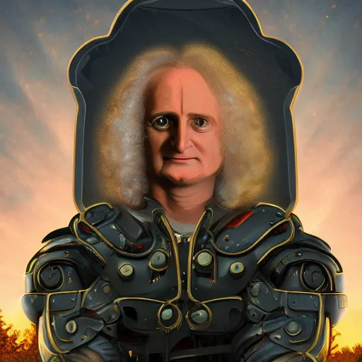 Image similar to An extremely detailed portrait of Isaac Newton in futuristic power armor holding an apple, in the style of Magic the Gathering, 4k, mirror lake, highly detailed, trending on artstation