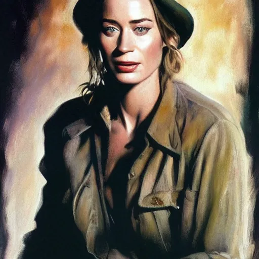 Image similar to ultra realistic portrait painting of john emily blunt as farmer, art by frank frazetta, 4 k, ultra realistic, highly detailed, epic lighting