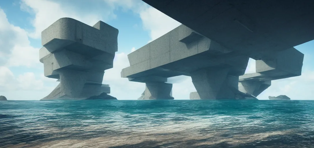 Image similar to view of sea, far away giant brutalist monolithic sea structure in the horizon, empty, clear skies, waves, reflections, refractions, caustics, dappled light, cinematic lighting, ultra detailed, sharp, ambient occlusion, raytracing, 3 d artstation render by greg rutowski, finnian macmanus and jessica rossier