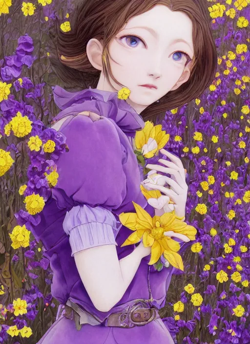 Image similar to elf girl, flower suit, soft hair. light color palate, purple, yellow and white. detailed soft painting, ayami kojima, made in abyss, anatomically correct, ilya kuvshinov, inspired in balthus, high detailed face anime, vogue magazine, glorious composition, mobile wallpaper