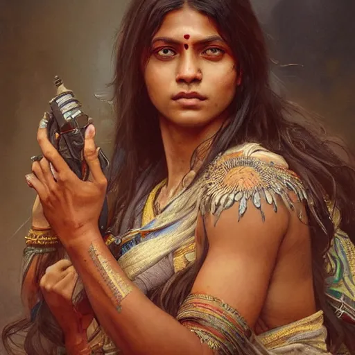 Prompt: portrait painting of a muscular bloodied indian girl, ultra realistic, concept art, intricate details, eerie, highly detailed, photorealistic, octane render, 8 k, unreal engine. art by artgerm and greg rutkowski and alphonse mucha